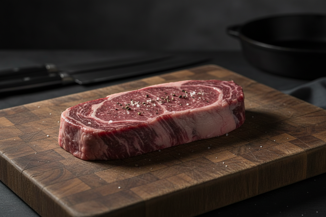New York steak on a high contrast dark kitchen background on a wooden board raw